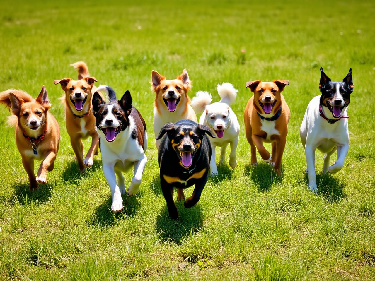 Happy group of dogs running together