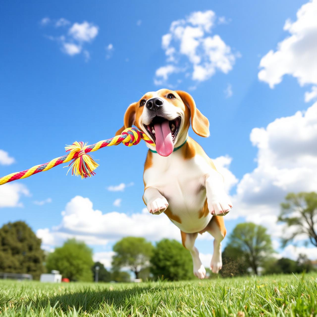 Happy beagle leaping with a rope toy